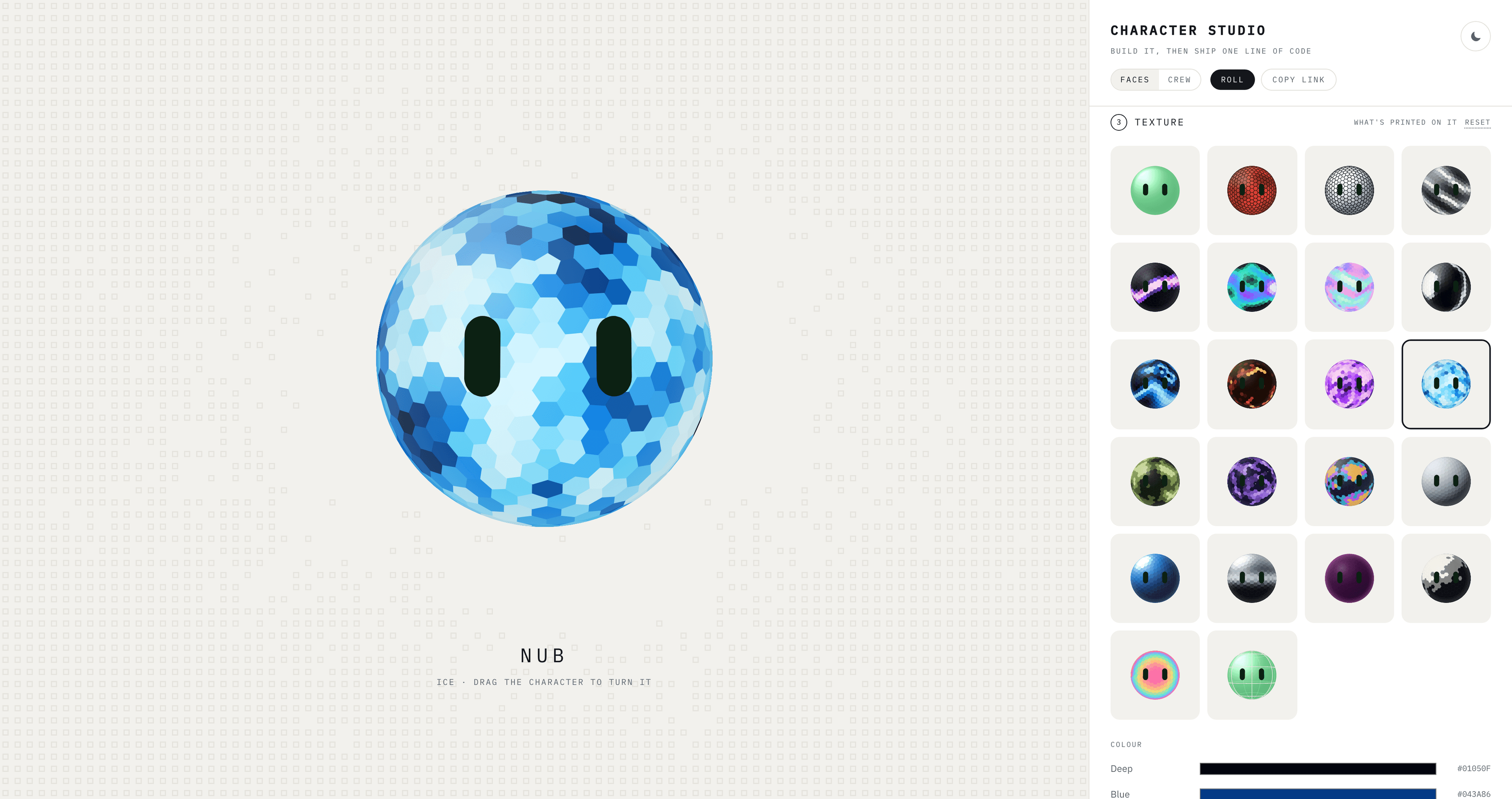 The faces.xyz studio: a character on the stage, with the surface sliders and the texture picker beside it.